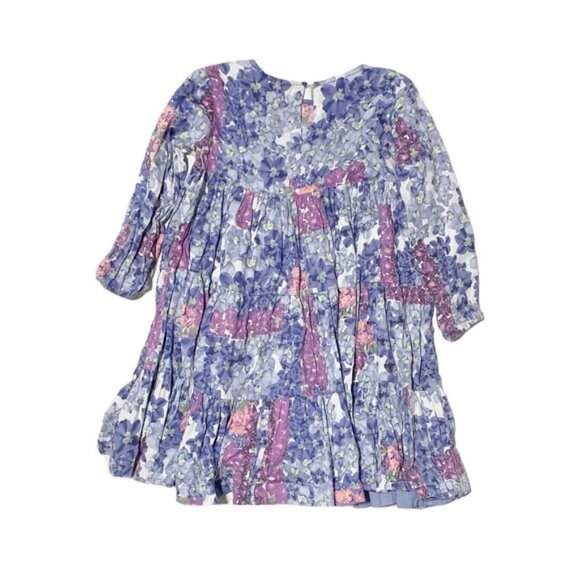 Vintage Purple Floral Bib Front Wide Tiered Long Sleeve Dress - Picture 4 of 4